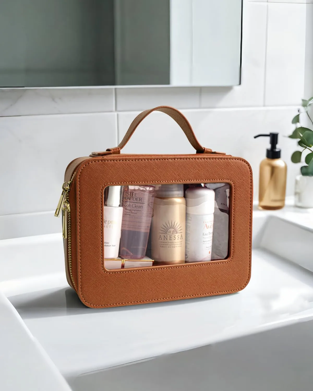 KOTORA Clear Makeup Bag Organizer, Portable Travel Toiletry Bag TSA Approved Toiletry Bag with Handle Large Opening Fit Carry-on Travel Essential Car Accessories for Women Girls (Brown)