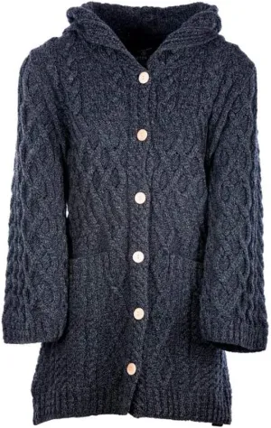 Ladies - Merino Wool - Irish Knit - Buttons Long Cardigan for Women with Hood and Front Pockets Made in Ireland