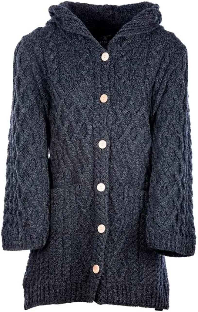Ladies - Merino Wool - Irish Knit - Buttons Long Cardigan for Women with Hood and Front Pockets Made in Ireland