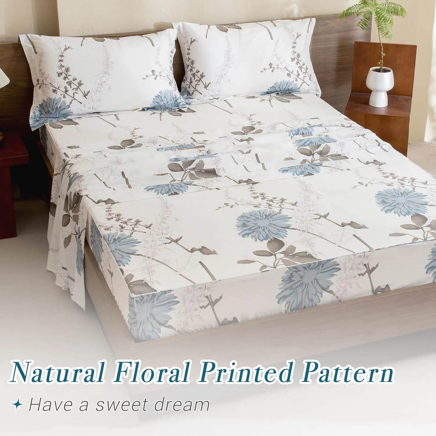 Lady Ann 100% Cotton Floral Queen Sheets Deep Pocket, Blue Flowers Printed on Off White Pattern Luxury Cotton Sheets for Queen Size Bed Extra Cozy Botanical Preppy Bed Sheets 4PCS Set