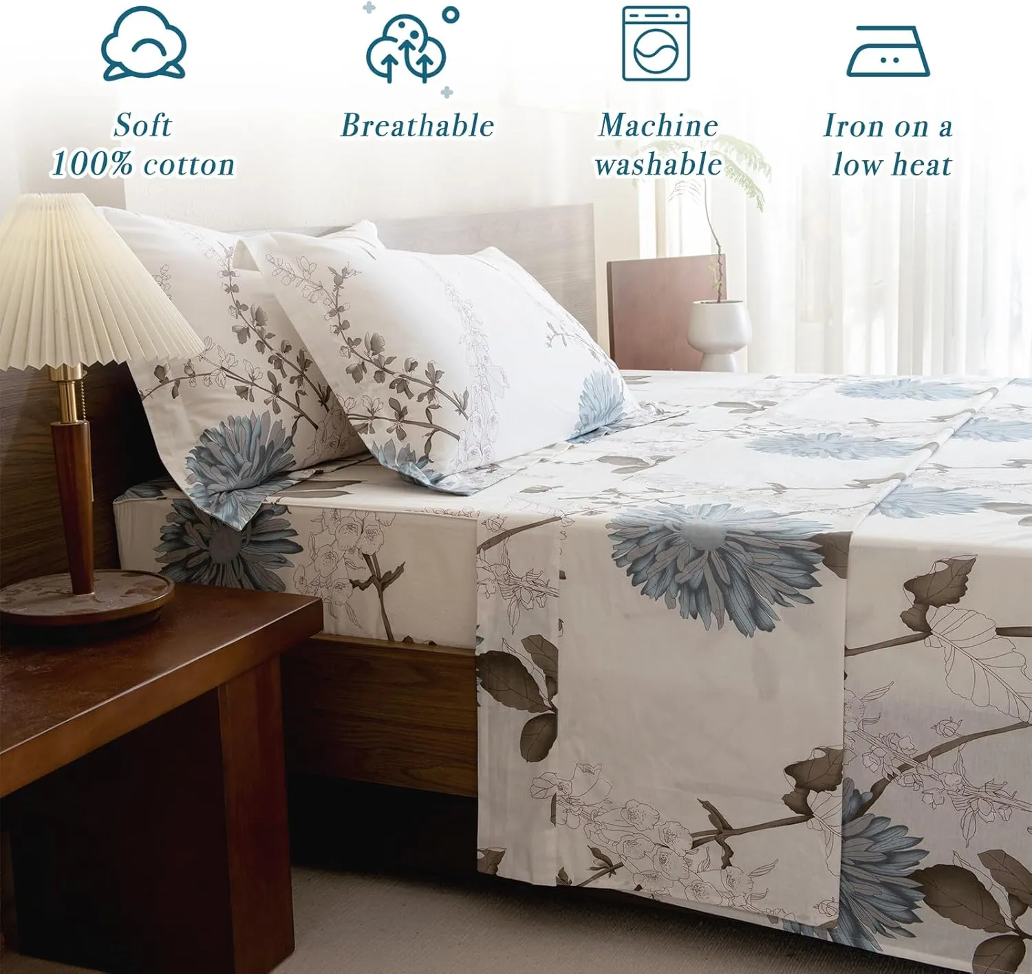Lady Ann 100% Cotton Floral Queen Sheets Deep Pocket, Blue Flowers Printed on Off White Pattern Luxury Cotton Sheets for Queen Size Bed Extra Cozy Botanical Preppy Bed Sheets 4PCS Set