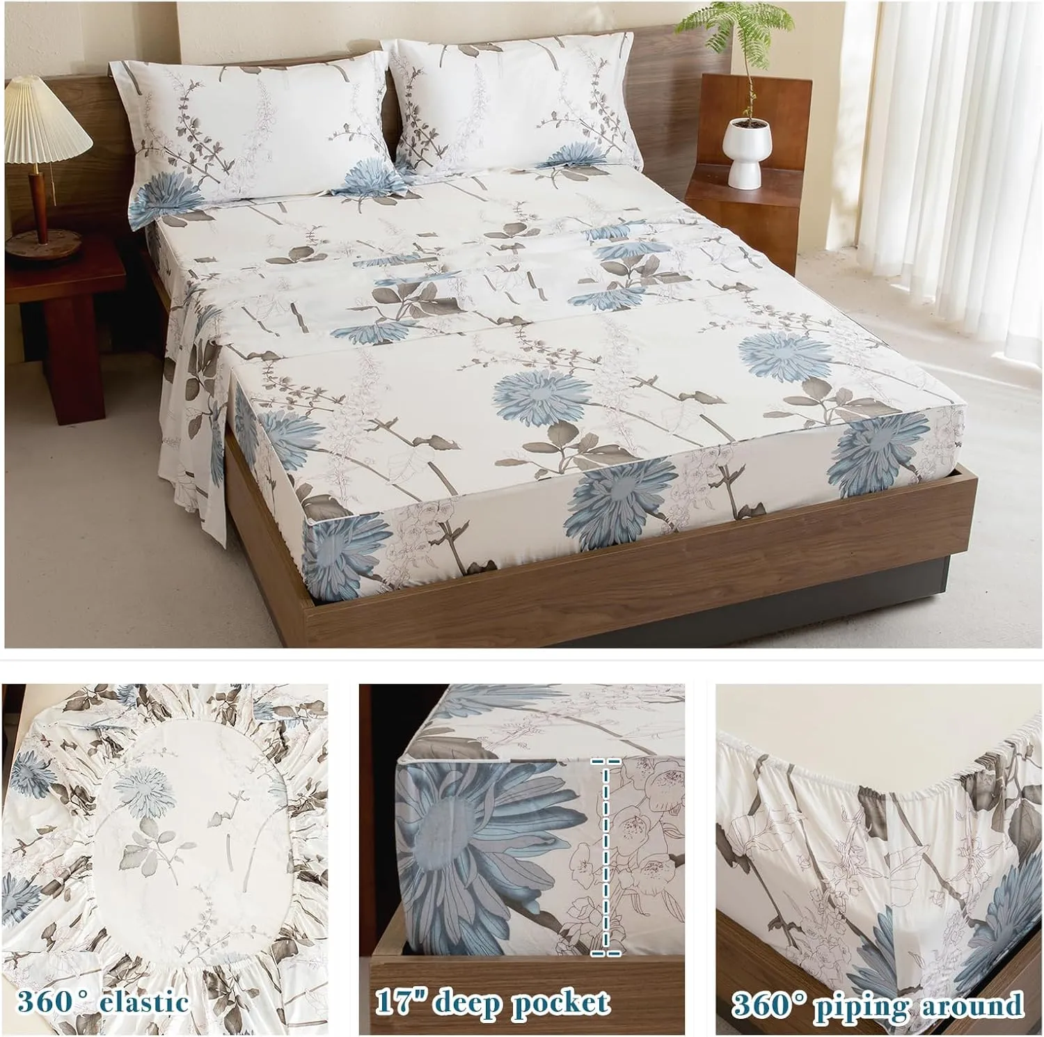 Lady Ann 100% Cotton Floral Queen Sheets Deep Pocket, Blue Flowers Printed on Off White Pattern Luxury Cotton Sheets for Queen Size Bed Extra Cozy Botanical Preppy Bed Sheets 4PCS Set