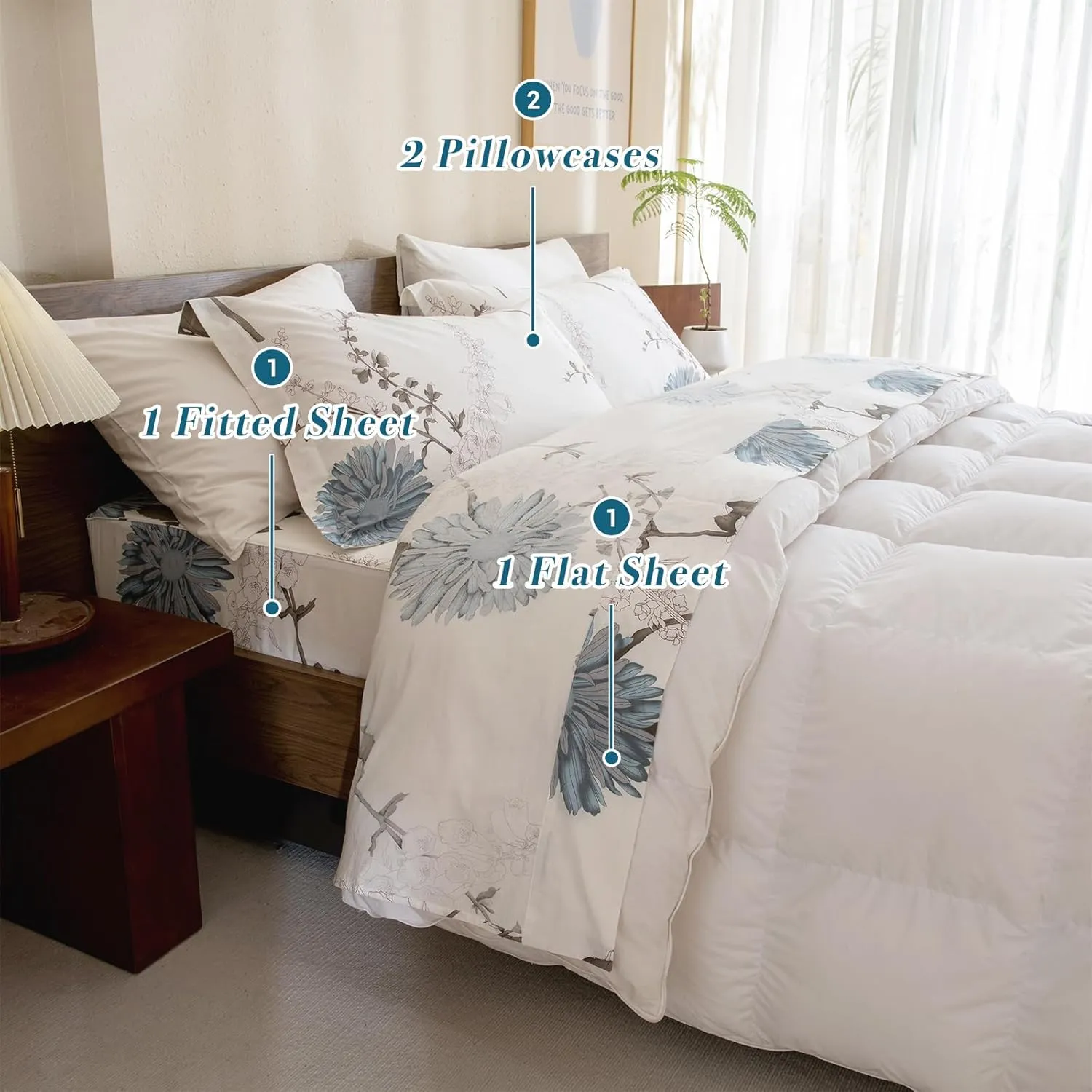Lady Ann 100% Cotton Floral Queen Sheets Deep Pocket, Blue Flowers Printed on Off White Pattern Luxury Cotton Sheets for Queen Size Bed Extra Cozy Botanical Preppy Bed Sheets 4PCS Set