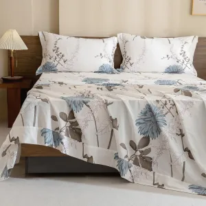 Lady Ann 100% Cotton Floral Queen Sheets Deep Pocket, Blue Flowers Printed on Off White Pattern Luxury Cotton Sheets for Queen Size Bed Extra Cozy Botanical Preppy Bed Sheets 4PCS Set