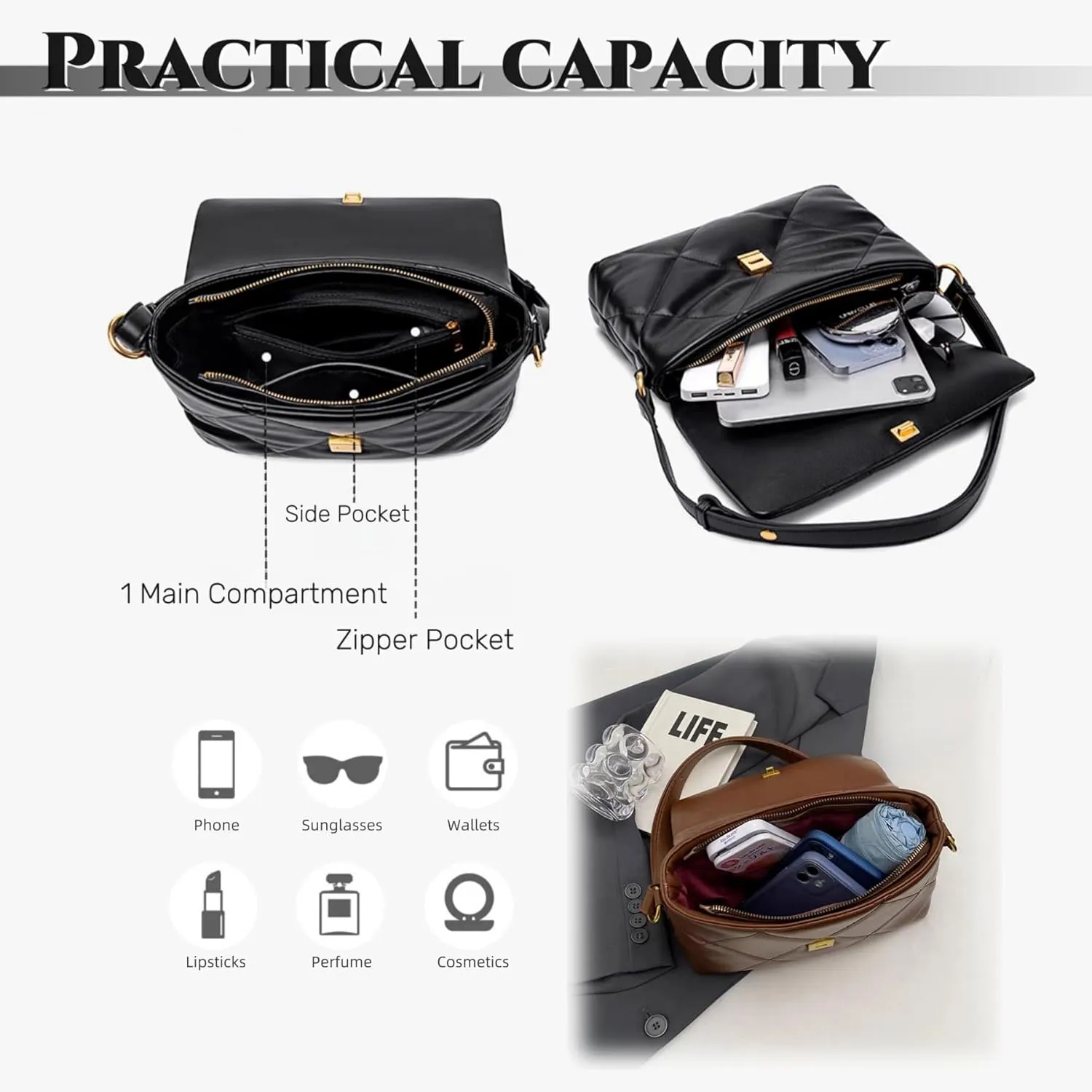 Large Capacity Quilted Bag Flap Bags for Women Trendy Tote Shoulder Crossbody Bags Travel Handbags with a Golden Chain