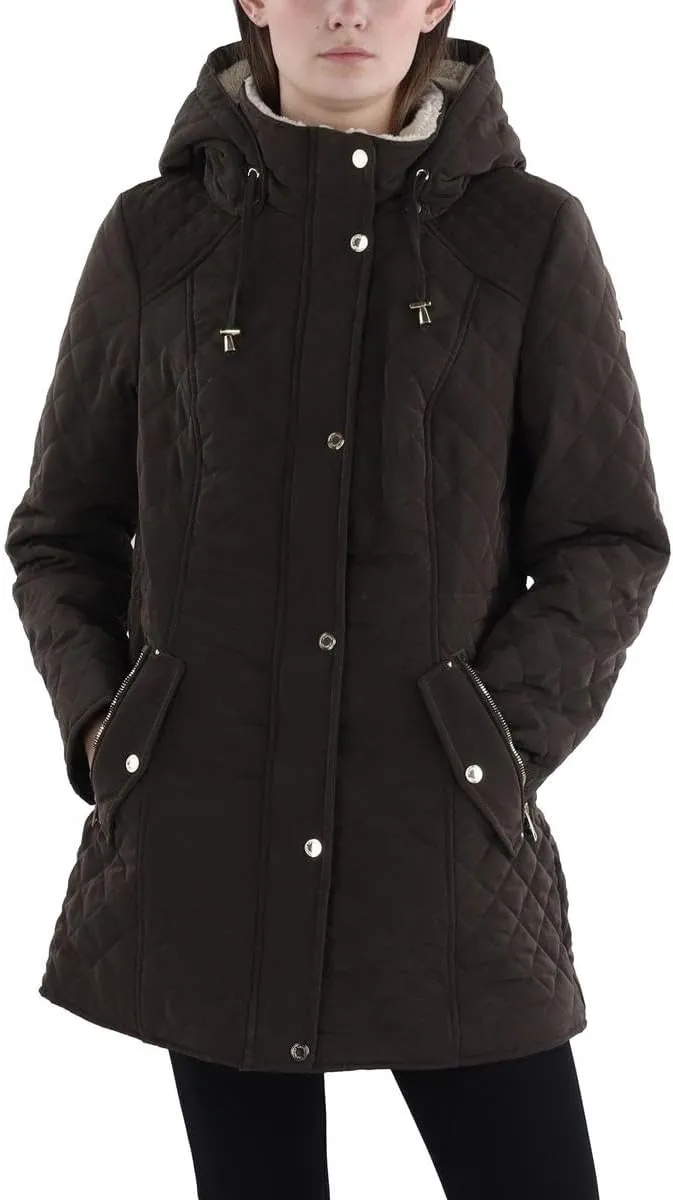 Laundry by Shelli Segal Women's 3/4 Quilted Faux Shearling Jacket with Hood