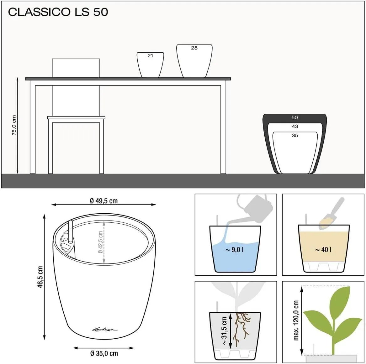 Lechuza Classico Premium LS 50 Silver Metallic 16108