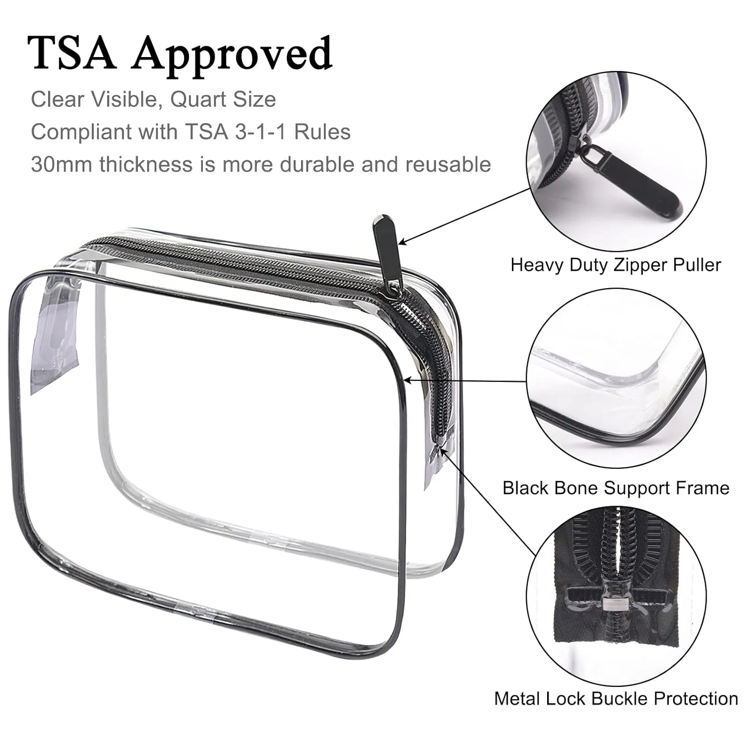 Lermende 2pcs Clear Toiletry Bag TSA Approved Travel Bag,Carry On for Travel,Airport Airline Accessories Compliant Bag,Quart Sized Makeup Cosmetic bag Women Men (Transparent Black, 3 Pack)