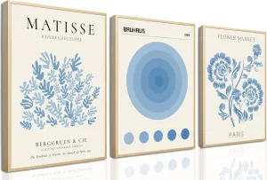 Light Blue Henri Matisse Poster Prints Set of 3 Bauhaus Flower Market Wall Art Minimalist Abstract Coral Aesthetic Room Decor for Bedroom Living Room Gallery Unframed 16x24 Inch