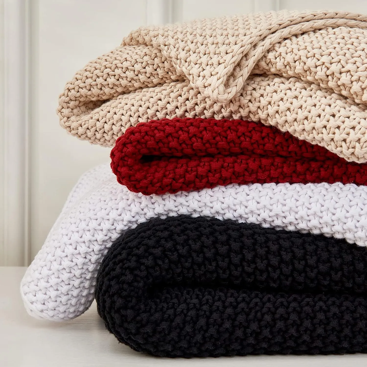Longhui bedding Chunky Cable Knit Throw Blanket Lightweight Beige 100% Organic Cotton Blanket for Sofa Couch Bed Baby Nursery, Rustic Shabby Chic Modern Farmhouse, 60” x 80”