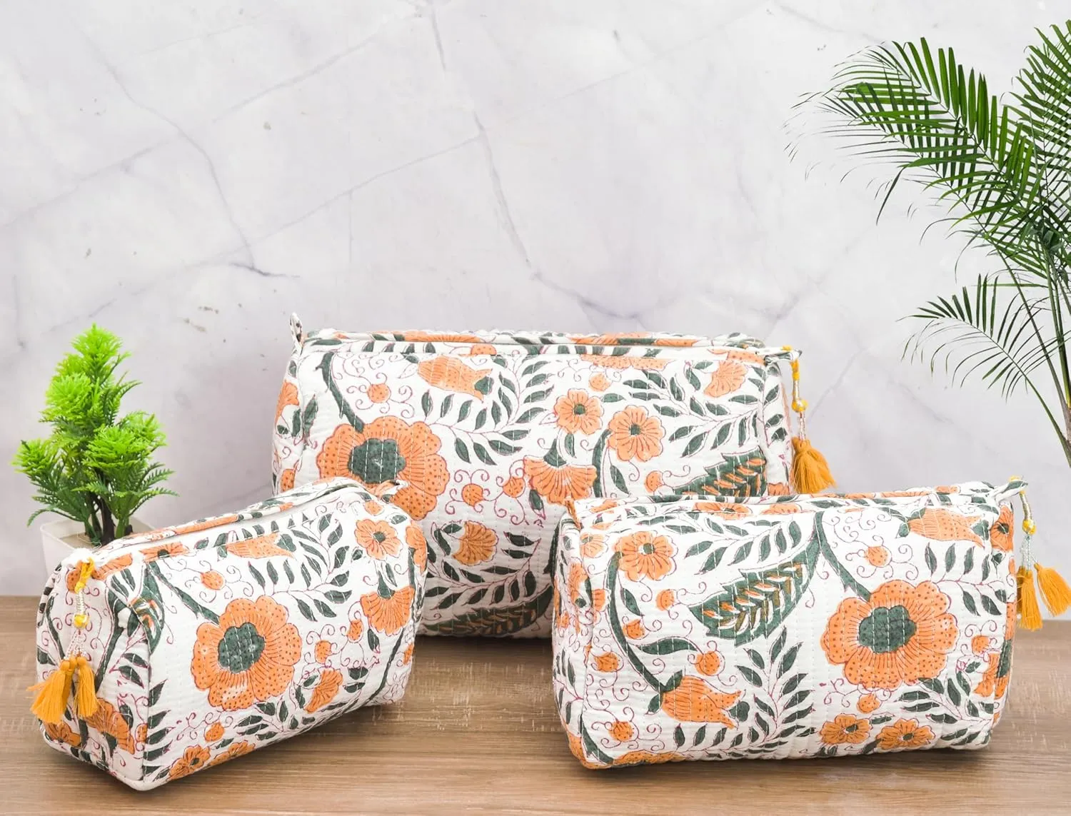 LOOKNSOURCE Cotton Toiletry Bag Floral Print White Color Toiletry Bag Peck of 3 for Women & Girls