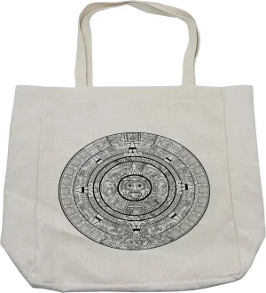 Lunarable Mesoamerican Shopping Bag, Maya Calendar Accurate Antiquities Astrological Aztec Geometric Indigenous, Eco-Friendly Reusable Bag for Groceries Beach and More, 15.5" X 14.5", Cream