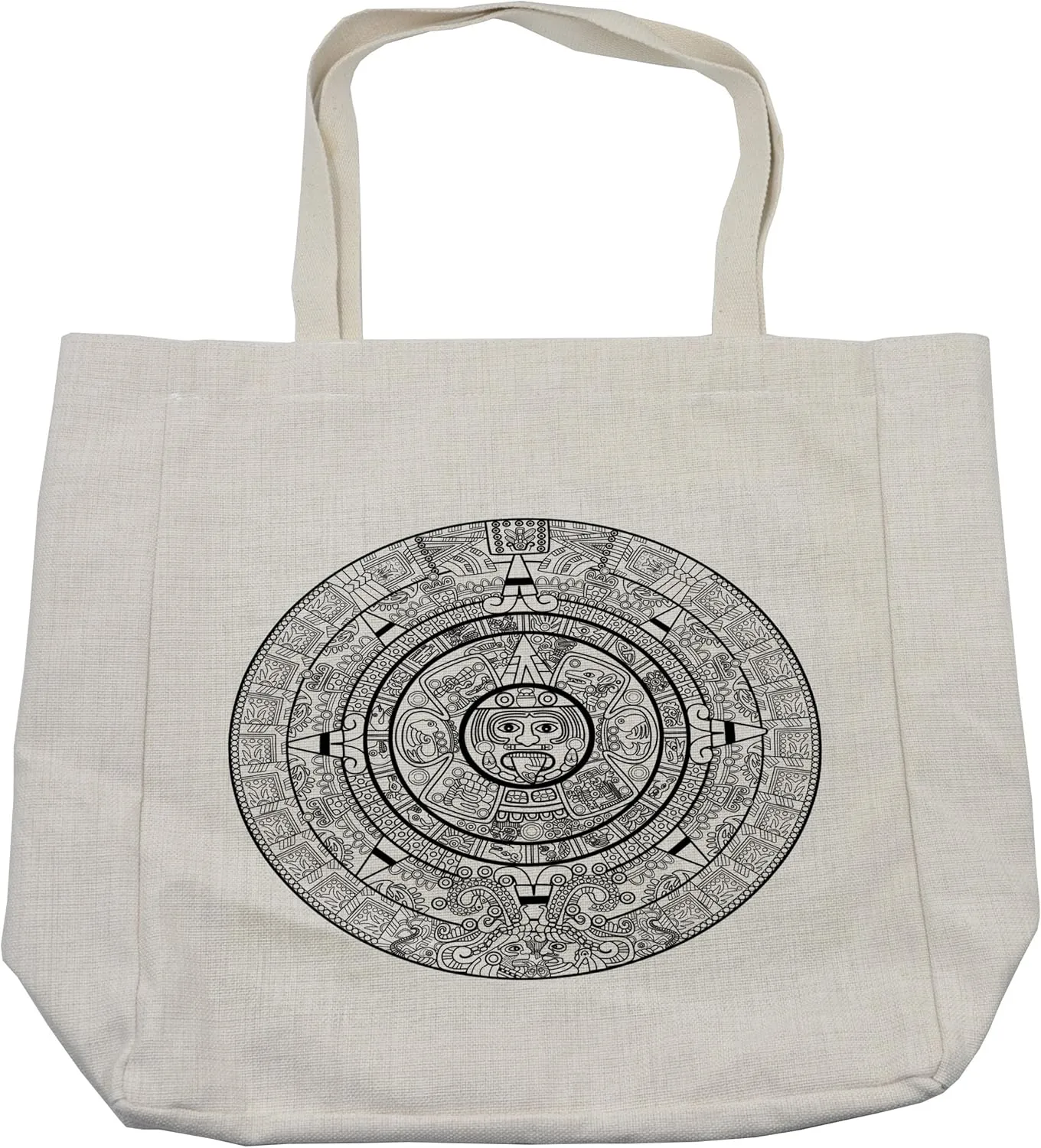 Lunarable Mesoamerican Shopping Bag, Maya Calendar Accurate Antiquities Astrological Aztec Geometric Indigenous, Eco-Friendly Reusable Bag for Groceries Beach and More, 15.5" X 14.5", Cream