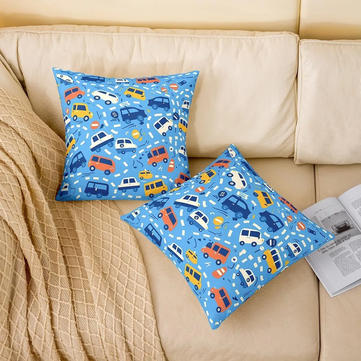 Manfei Cartoon Cars Reversible Print Pillow Covers 4 Pack,Cute Bus Taxi Truck Graffiti Blue Decorative Cushion Covers 16"x16",Traffic Vehicles Geometric Lines Couch Pillow Covers,4 Pack