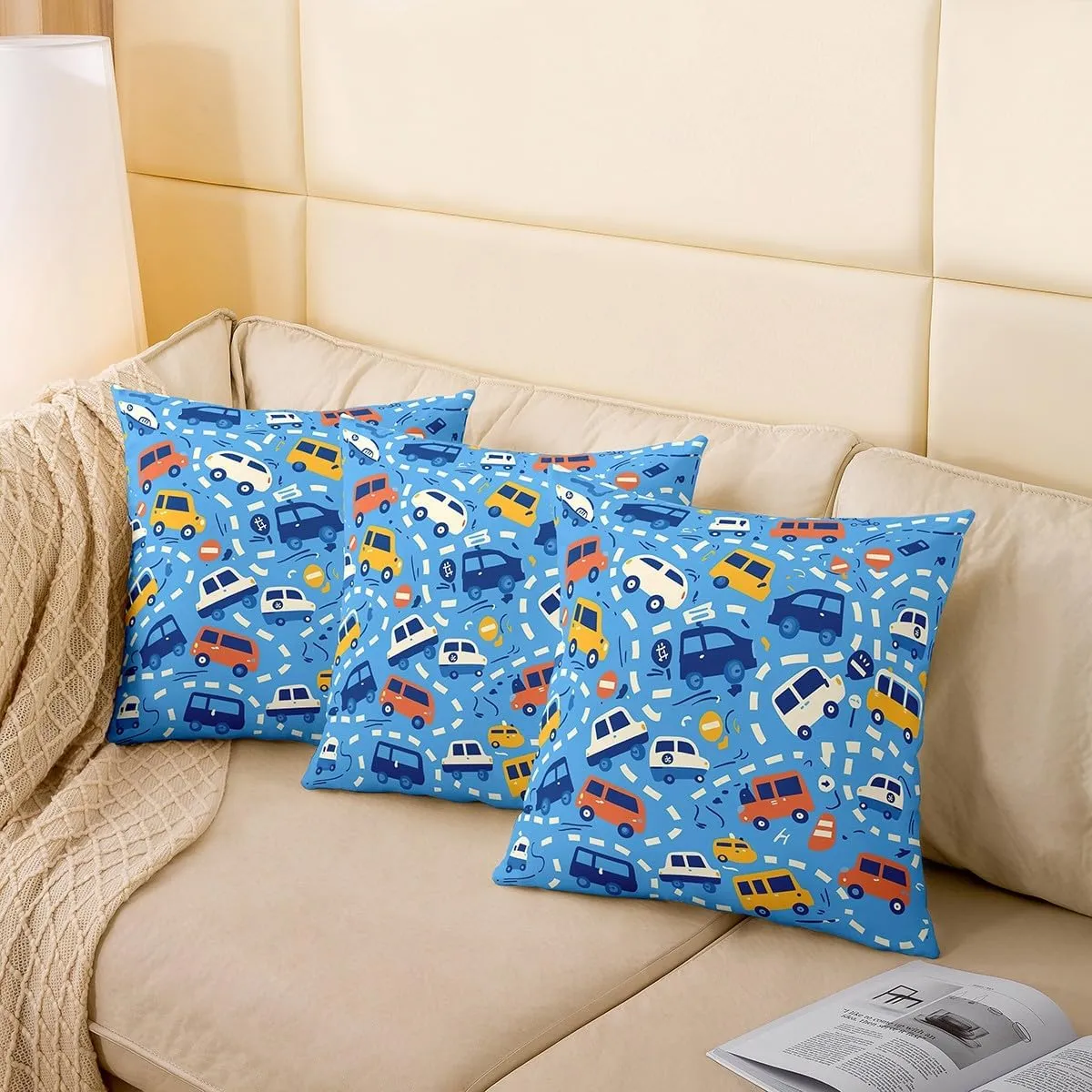 Manfei Cartoon Cars Reversible Print Pillow Covers 4 Pack,Cute Bus Taxi Truck Graffiti Blue Decorative Cushion Covers 16"x16",Traffic Vehicles Geometric Lines Couch Pillow Covers,4 Pack