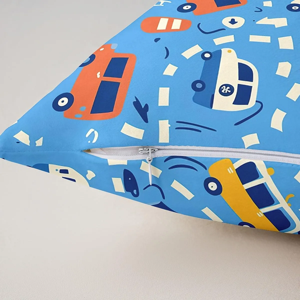 Manfei Cartoon Cars Reversible Print Pillow Covers 4 Pack,Cute Bus Taxi Truck Graffiti Blue Decorative Cushion Covers 16"x16",Traffic Vehicles Geometric Lines Couch Pillow Covers,4 Pack