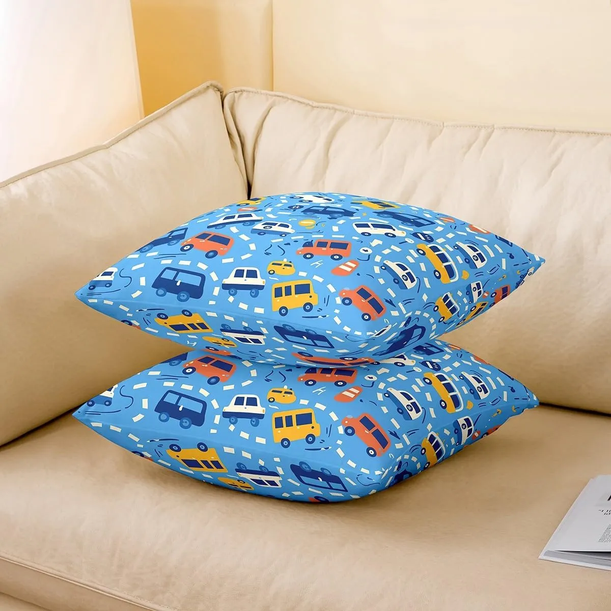 Manfei Cartoon Cars Reversible Print Pillow Covers 4 Pack,Cute Bus Taxi Truck Graffiti Blue Decorative Cushion Covers 16"x16",Traffic Vehicles Geometric Lines Couch Pillow Covers,4 Pack