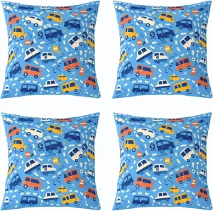 Manfei Cartoon Cars Reversible Print Pillow Covers 4 Pack,Cute Bus Taxi Truck Graffiti Blue Decorative Cushion Covers 16"x16",Traffic Vehicles Geometric Lines Couch Pillow Covers,4 Pack