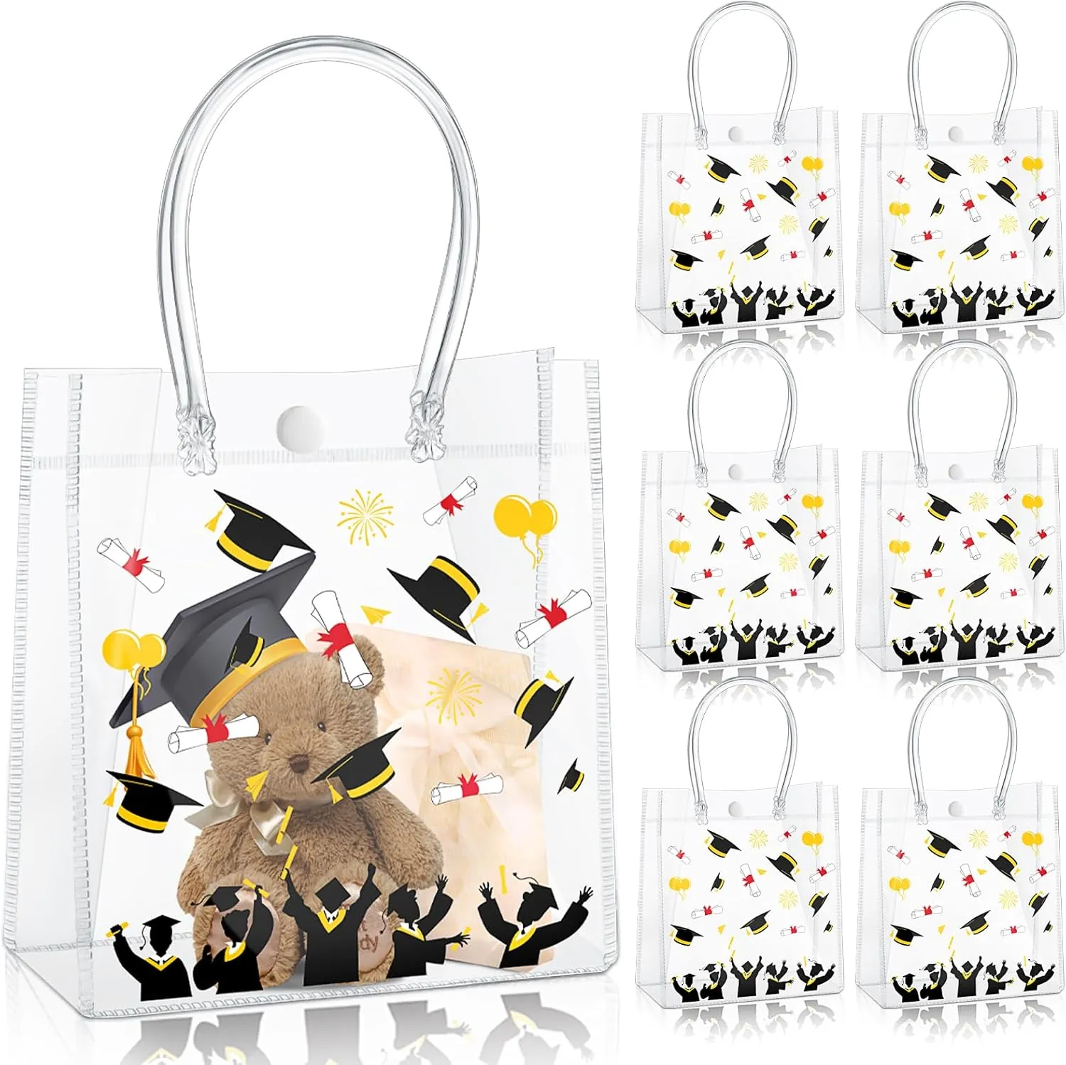 Maxdot 24 Pcs 2025 Graduation Gift Bags with Handles 5.9 x 6.3 x 2.7 Inch PVC Plastic Reusable Totes Bulk Clear Goodie Treat Bags Bulk for Graduation Party Supplies