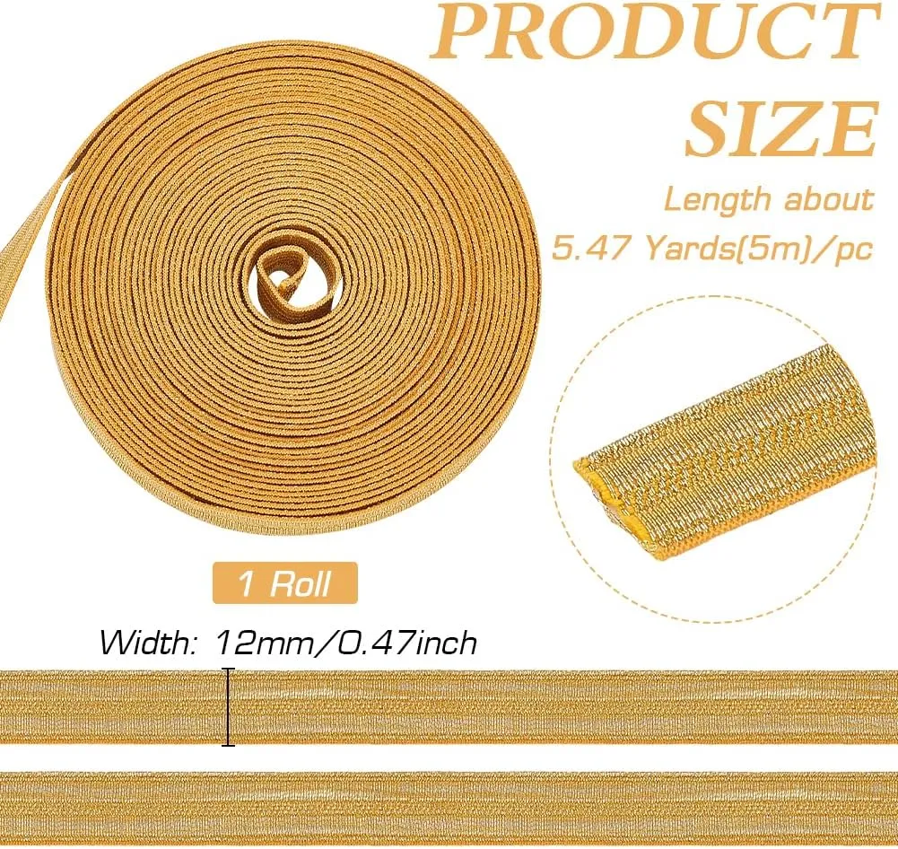 MAYJOYDIY 5.5 Yards Gold Metallic Ribbon Trim 1/2 inch Double Faced Braid Trim Flat Glitter Ribbon Polyester Army Uniform Cap Band for Dress Costume Sewing, Home Textile Decoration