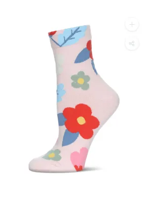 MEMOI MCF08447 PASTEL PINK MOD FLORAL CREW SOCK