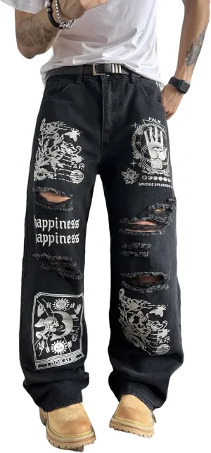 Men's Baggy Jeans Streetwear Sun and Moon Printed Ripped Denim Pants Wide Leg Distressed Y2k Hip Hop Trousers