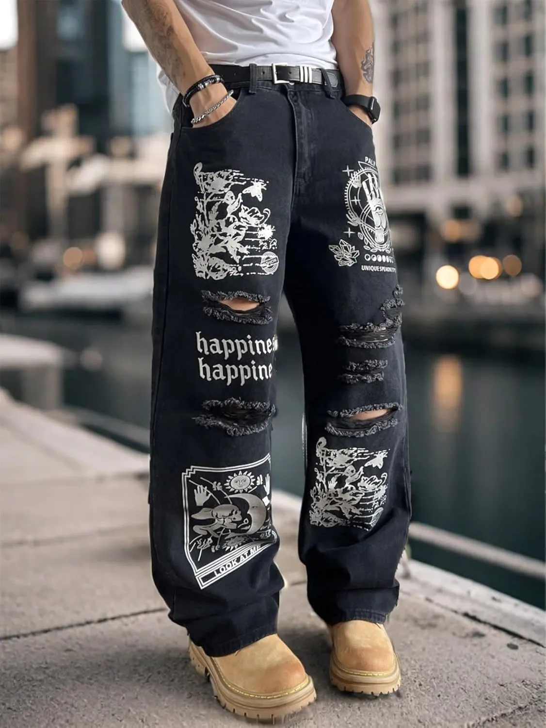 Men's Baggy Jeans Streetwear Sun and Moon Printed Ripped Denim Pants Wide Leg Distressed Y2k Hip Hop Trousers