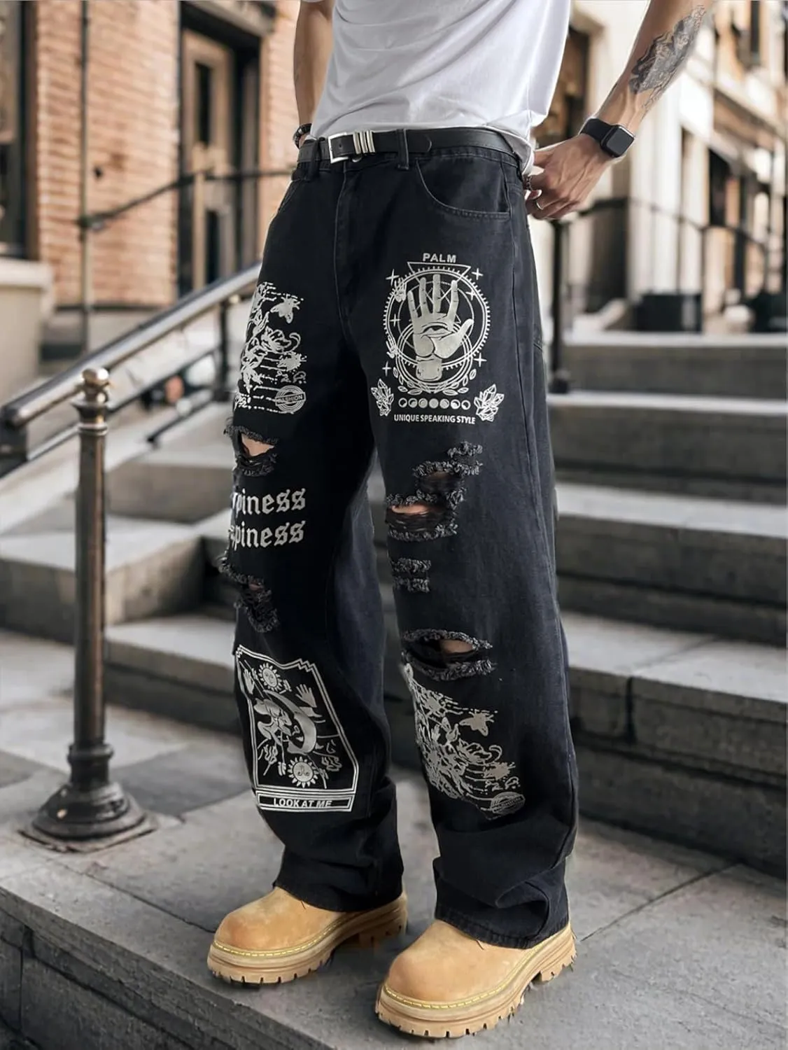 Men's Baggy Jeans Streetwear Sun and Moon Printed Ripped Denim Pants Wide Leg Distressed Y2k Hip Hop Trousers