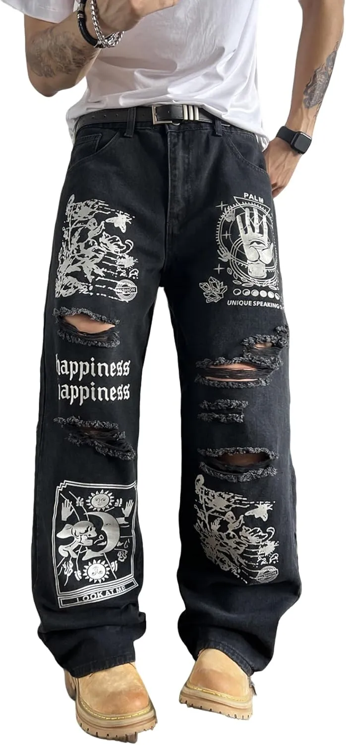 Men's Baggy Jeans Streetwear Sun and Moon Printed Ripped Denim Pants Wide Leg Distressed Y2k Hip Hop Trousers