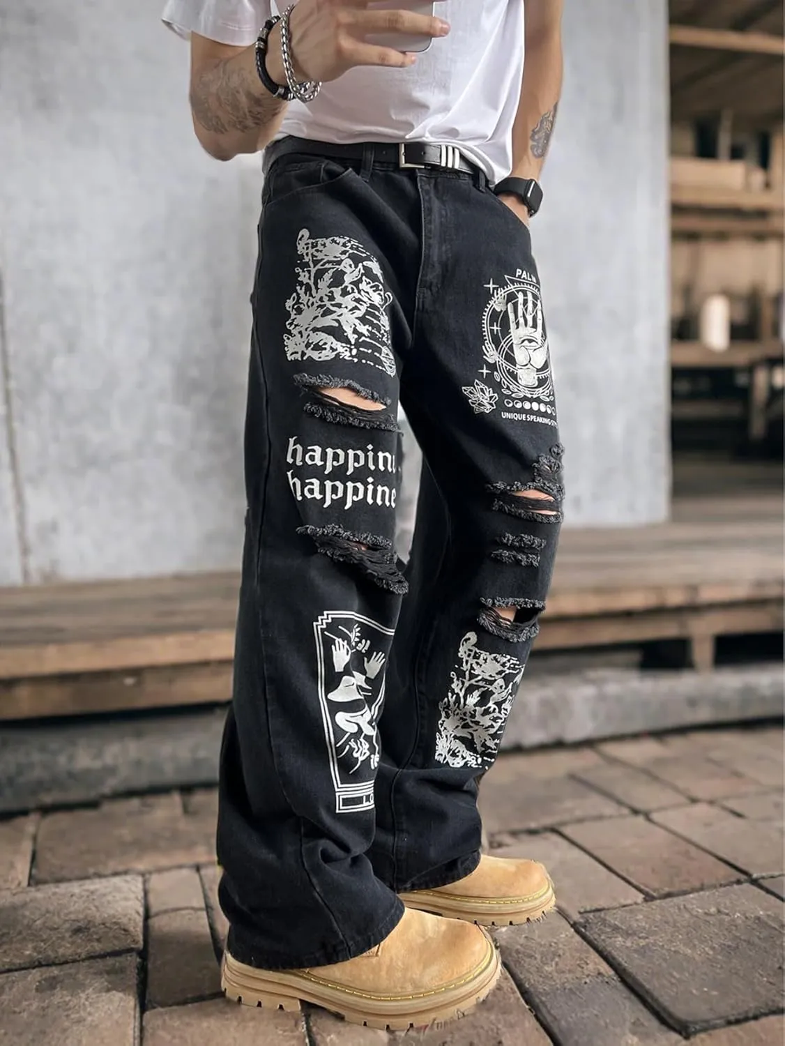 Men's Baggy Jeans Streetwear Sun and Moon Printed Ripped Denim Pants Wide Leg Distressed Y2k Hip Hop Trousers