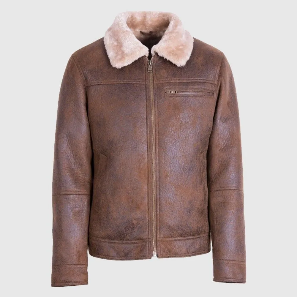 Mens Brown Distressed Real Sheep Skin Leather Aviator Jacket