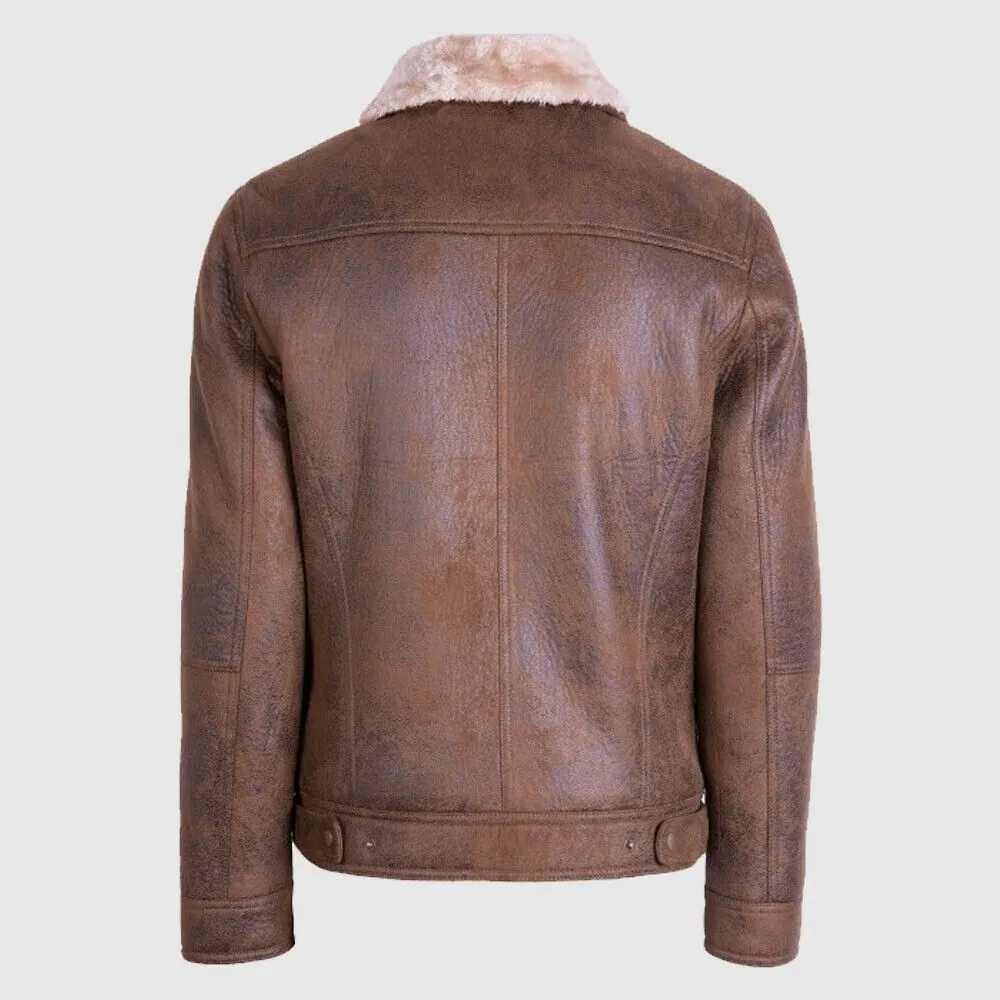 Mens Brown Distressed Real Sheep Skin Leather Aviator Jacket