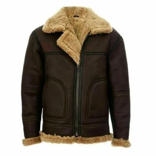Men's Brown Leather Real Sheepskin Winter Aviator Jacket