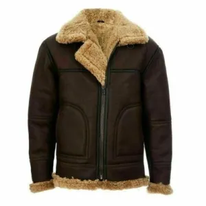 Men's Brown Leather Real Sheepskin Winter Aviator Jacket