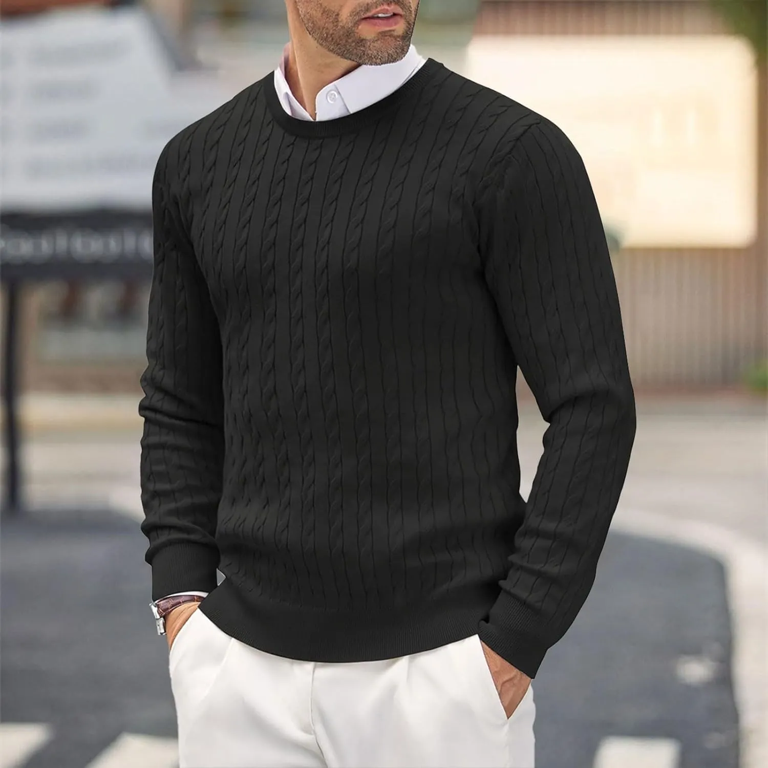 Men's Crewneck Pullover Sweater Plus Size Chunky Warm Cable Knit Jumper Classic Slim Fit Long Sleeve Knitwear Tops