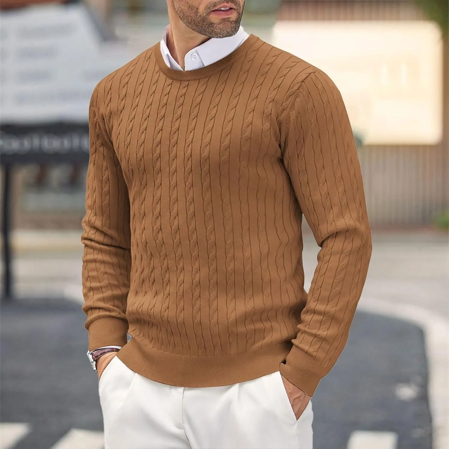Men's Crewneck Pullover Sweater Plus Size Chunky Warm Cable Knit Jumper Classic Slim Fit Long Sleeve Knitwear Tops