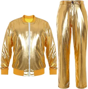 Men's Metallic Jacket and Pants Set Jacket Men Straight Leg Trousers Costume for Men Disco Cosplay Party