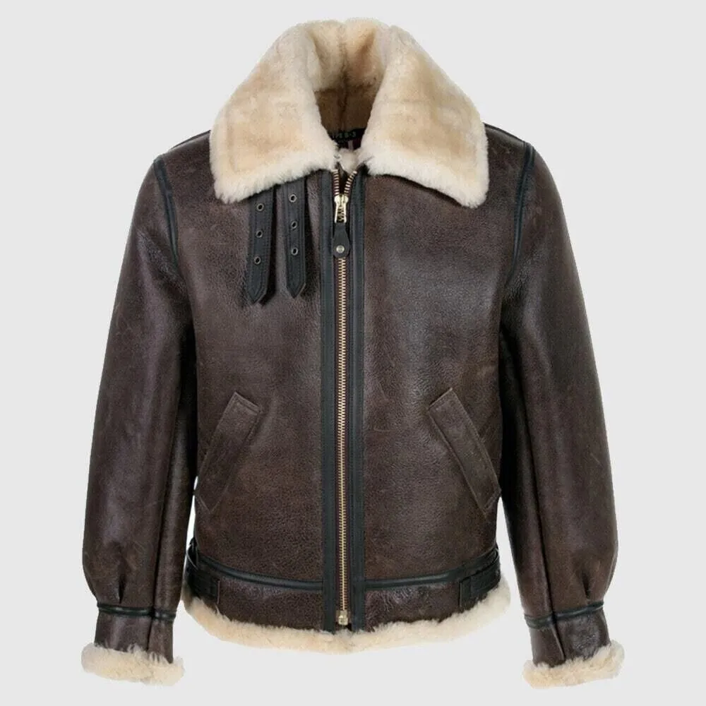 Mens Shearling Aviator Real Sheepskin Brown Leather Aviator Jacket