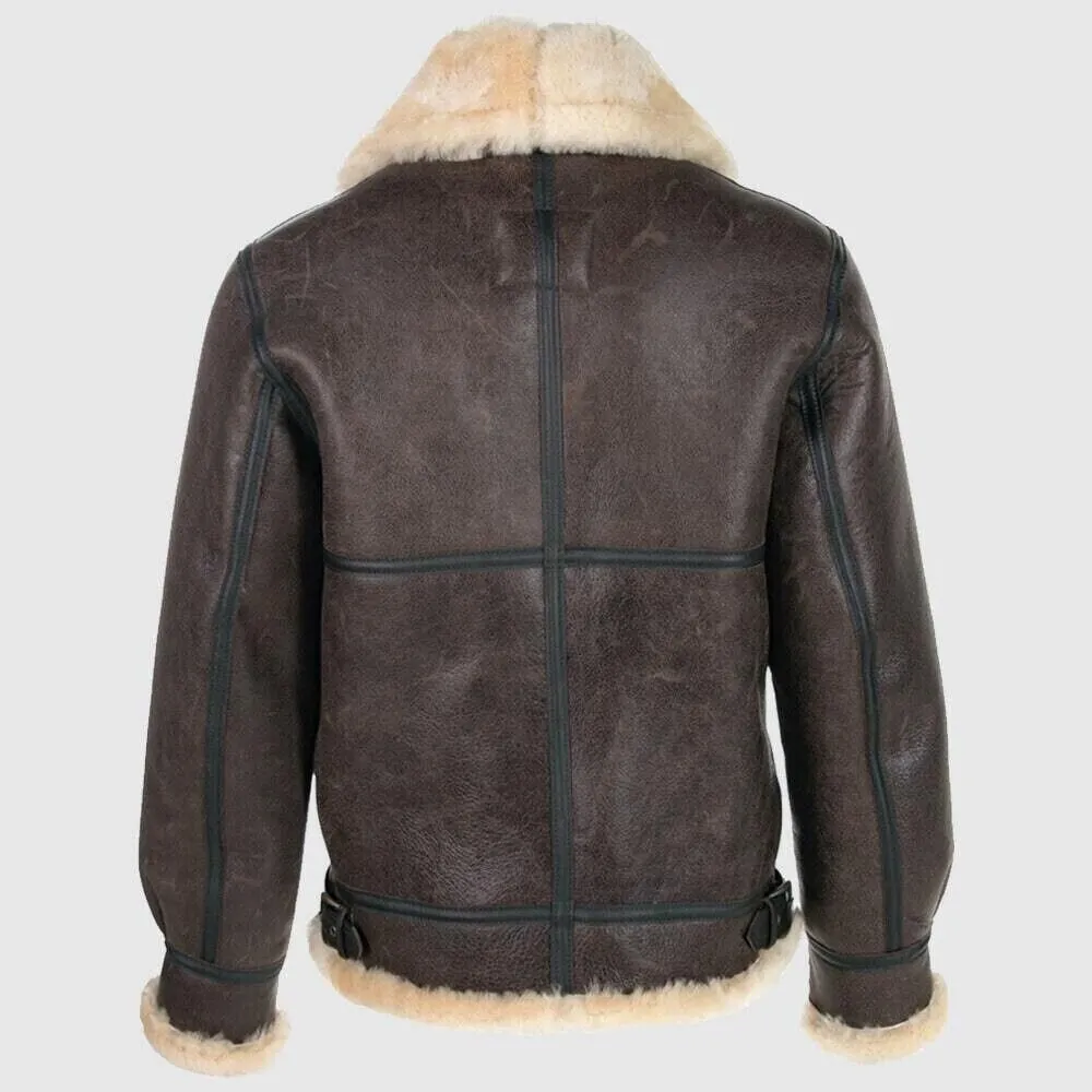 Mens Shearling Aviator Real Sheepskin Brown Leather Aviator Jacket