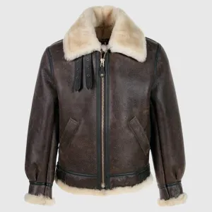 Mens Shearling Aviator Real Sheepskin Brown Leather Aviator Jacket