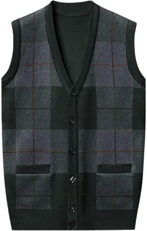 Mens Sweater Vest Classic V Neck Button Down Sleeveless Jackets Plus Size Casual Knitwear Cardigan Vest with Pockets