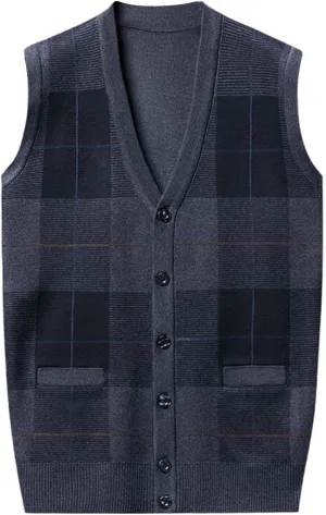 Mens Sweater Vest Classic V Neck Button Down Sleeveless Jackets Plus Size Casual Knitwear Cardigan Vest with Pockets