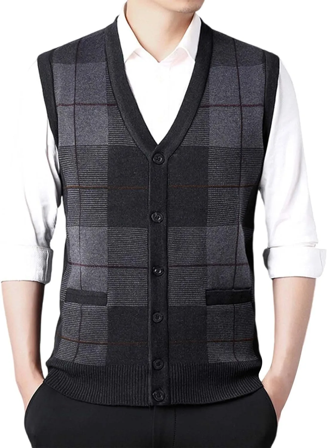 Mens Sweater Vest Classic V Neck Button Down Sleeveless Jackets Plus Size Casual Knitwear Cardigan Vest with Pockets