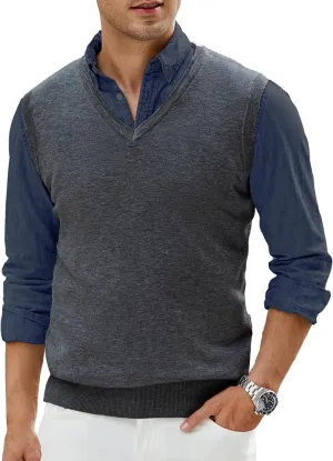 Men's V-Neck Sweater Vest Wool Blend Knitted Sleeveless Pullover Sweater Vests