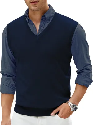 Men's V-Neck Sweater Vest Wool Blend Knitted Sleeveless Pullover Sweater Vests