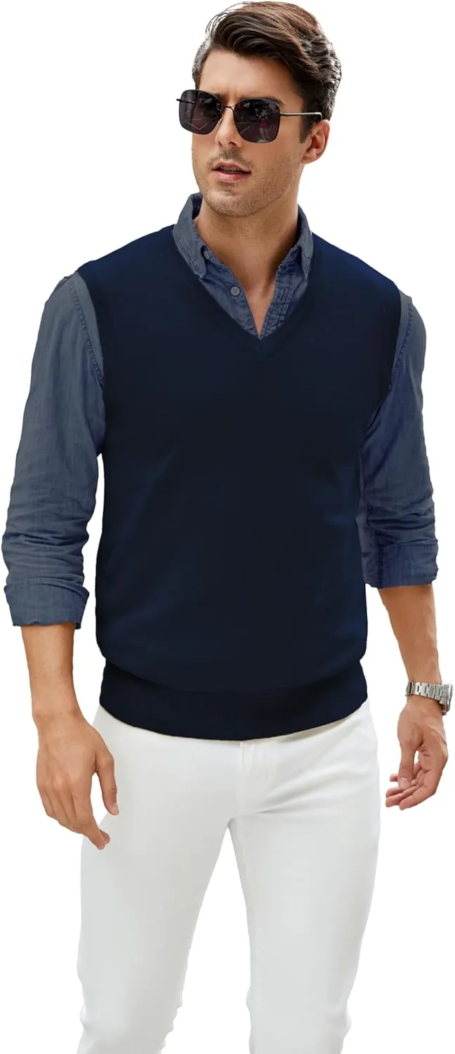 Men's V-Neck Sweater Vest Wool Blend Knitted Sleeveless Pullover Sweater Vests