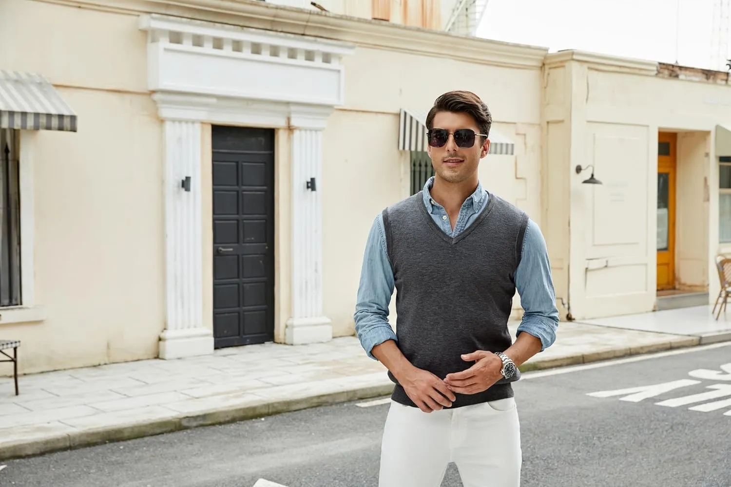 Men's V-Neck Sweater Vest Wool Blend Knitted Sleeveless Pullover Sweater Vests