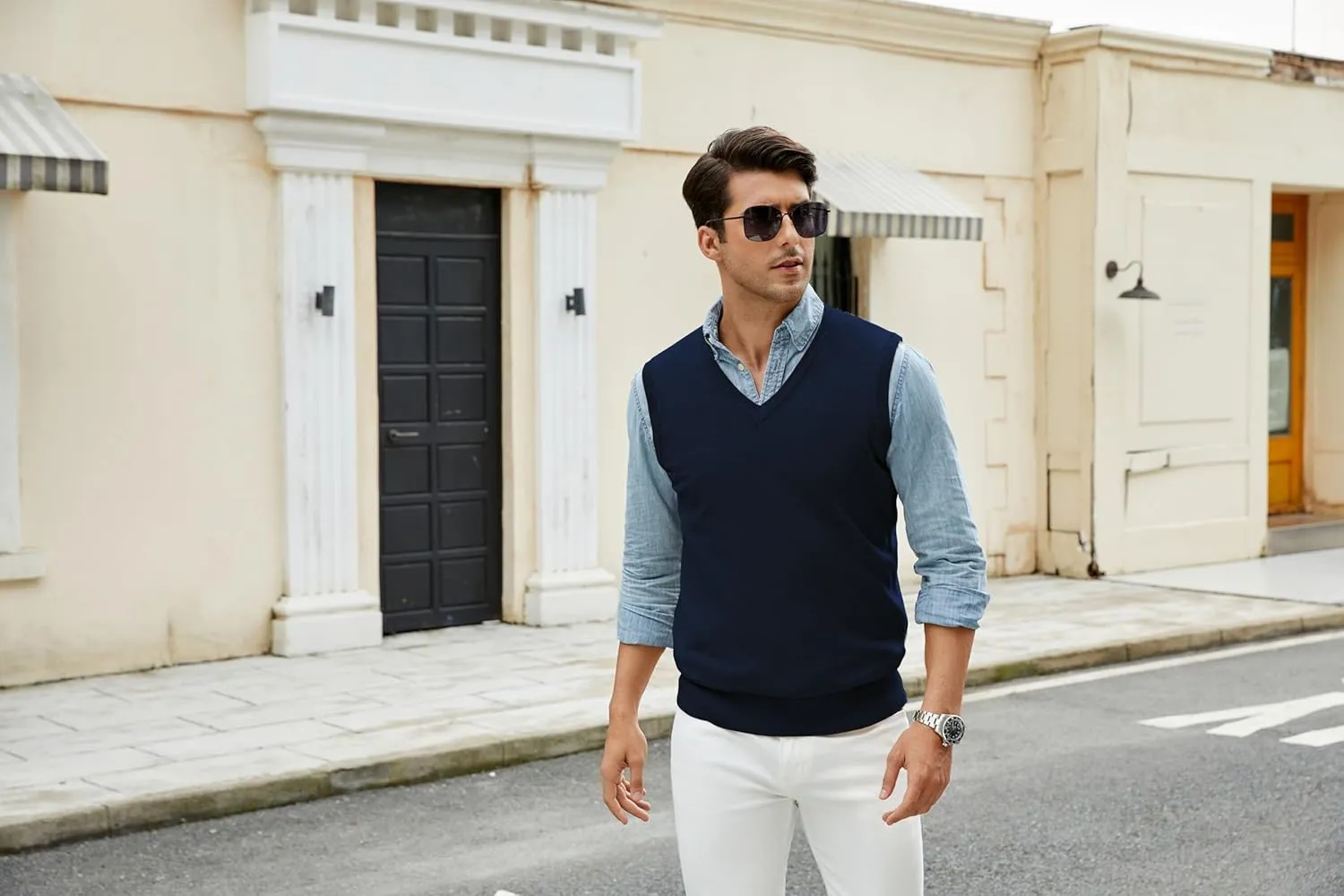 Men's V-Neck Sweater Vest Wool Blend Knitted Sleeveless Pullover Sweater Vests