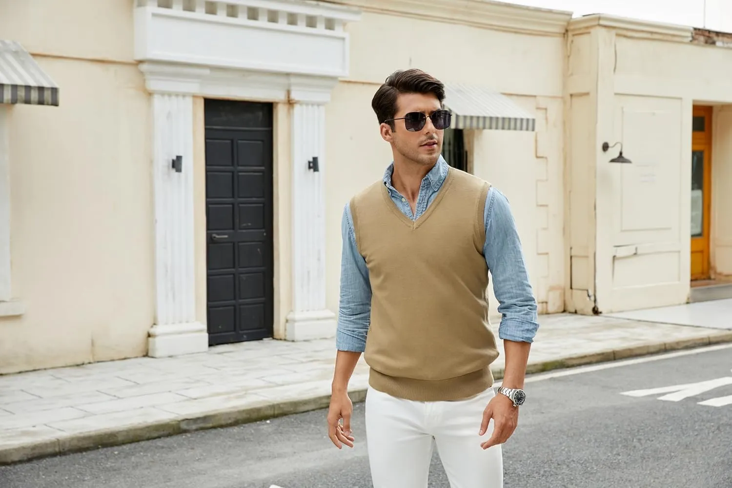 Men's V-Neck Sweater Vest Wool Blend Knitted Sleeveless Pullover Sweater Vests