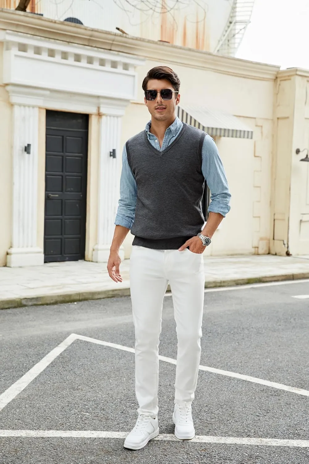 Men's V-Neck Sweater Vest Wool Blend Knitted Sleeveless Pullover Sweater Vests